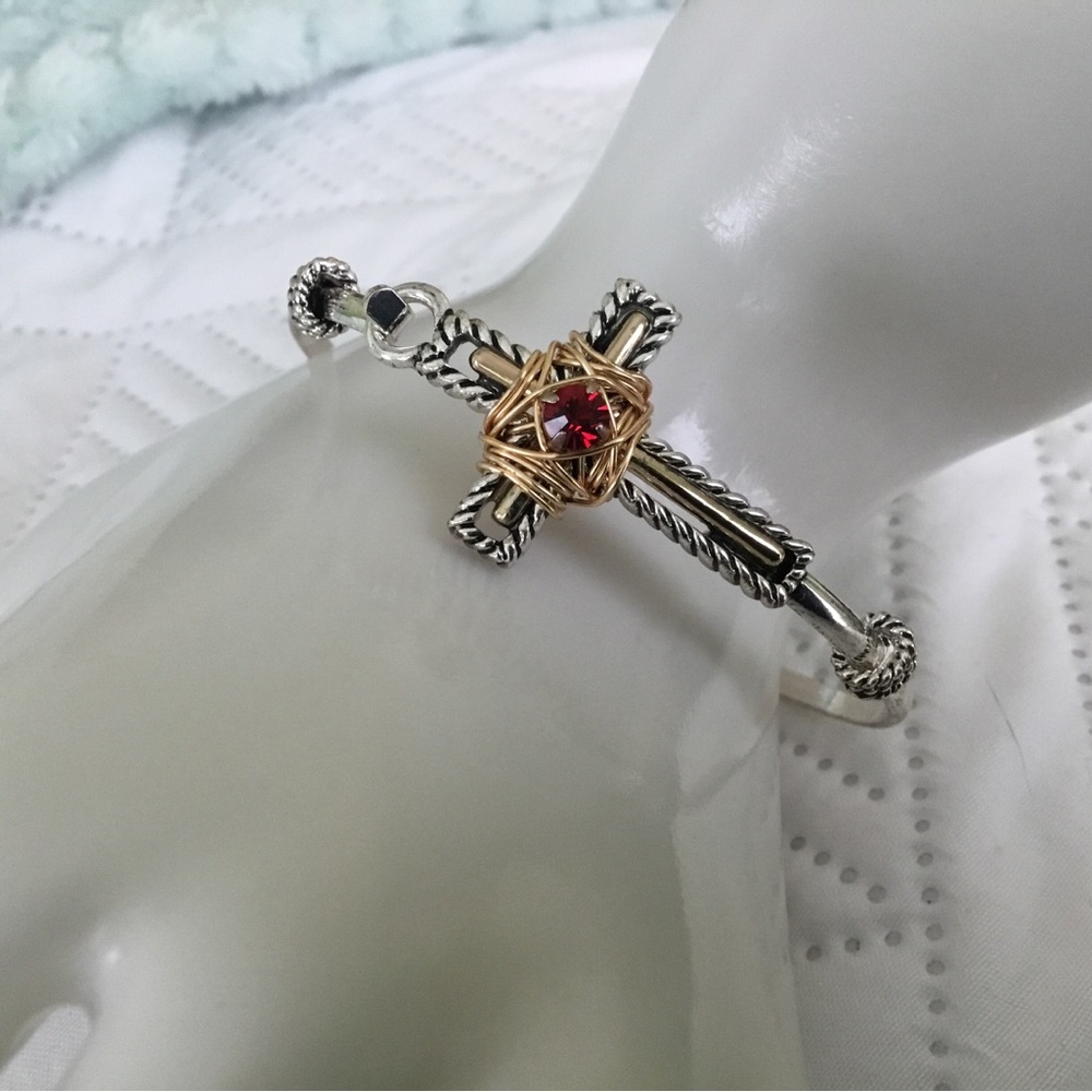Silver Cross Bracelet with Gold Wire Accent and Red Stone